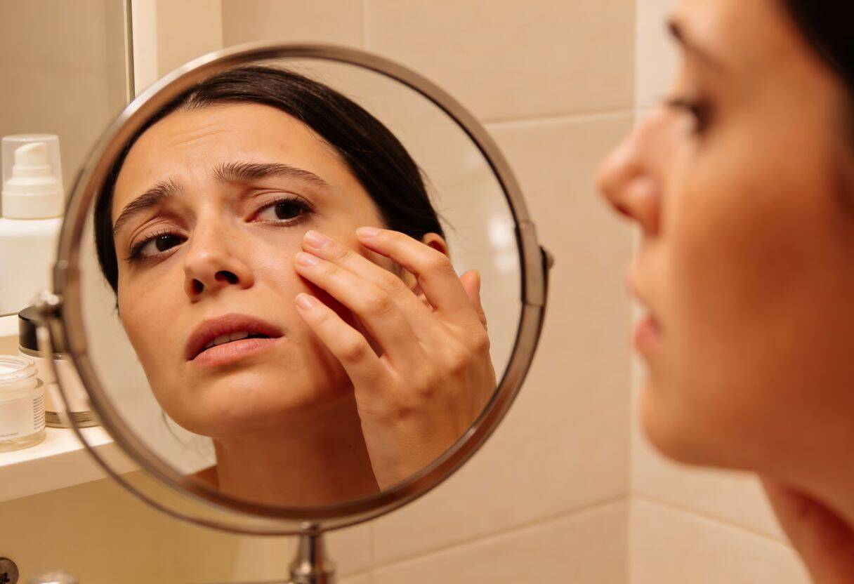 Nahaufnahme von mehreren Erwachsenen, die sanft die Haut unter ihren Augen berühren, um Augenringe zu zeigen.